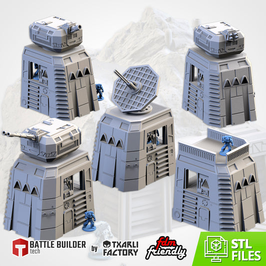 Modular Defense Turrets – Sci-Fi Bunker &amp; Weapon Platforms for 28–32mm Wargaming