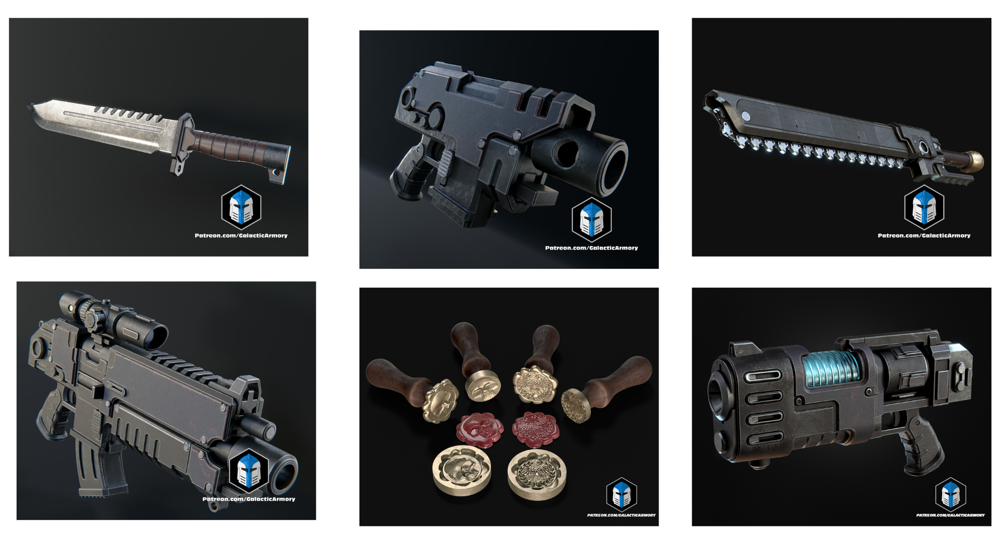 Collection of tactical weapons and accessories on a black background with a visible brand logo.